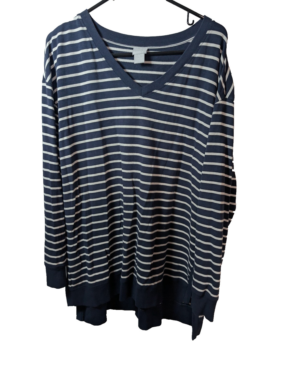 Chico’s Sweatshirt Breton Stripe Nautical V-Neck Top Women’s Size XL Wedge Tunic